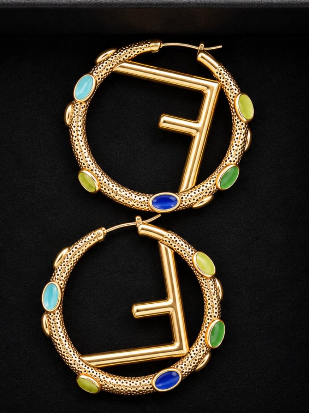 Gold Tone Geometric Hoop Earrings Multicolor Accent Statement Earrings New